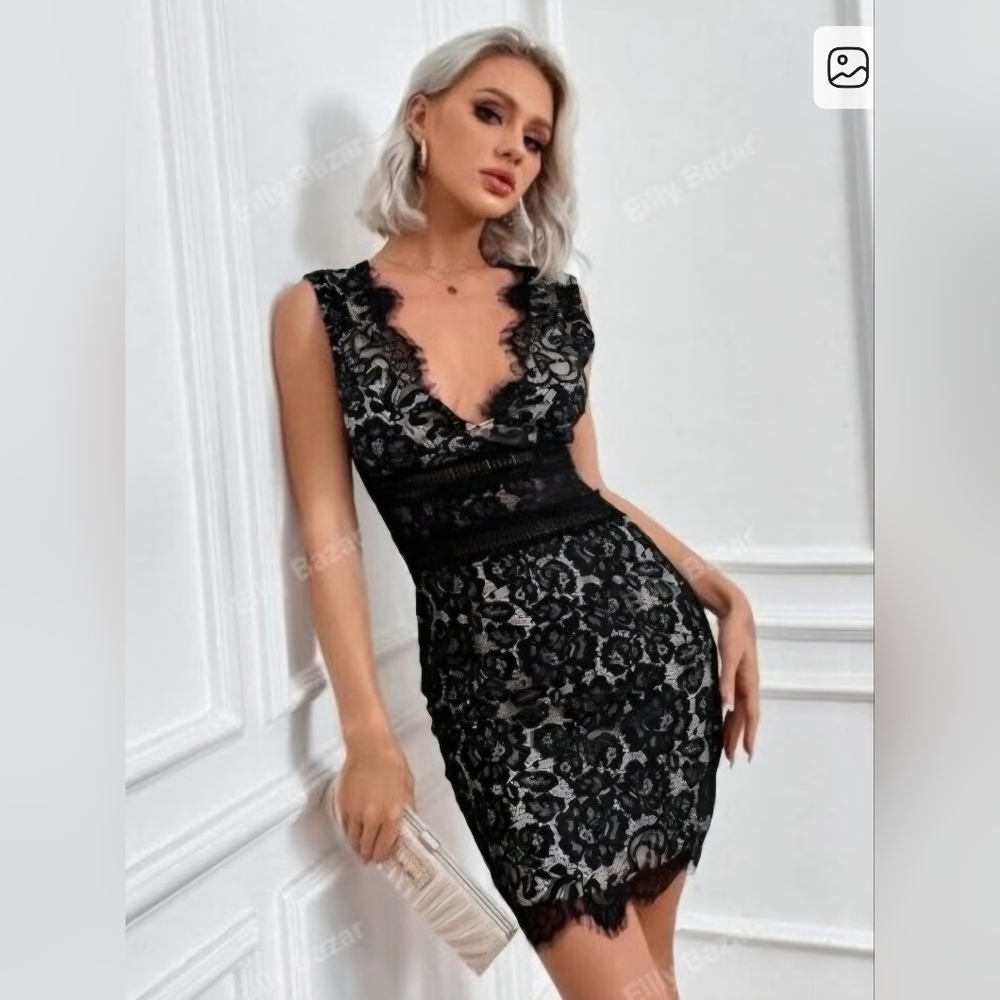 Eilly Bazar Plunging Neck Black Lace Bodycon Dress